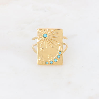 Bague avec soleil, lune, étoile et strass