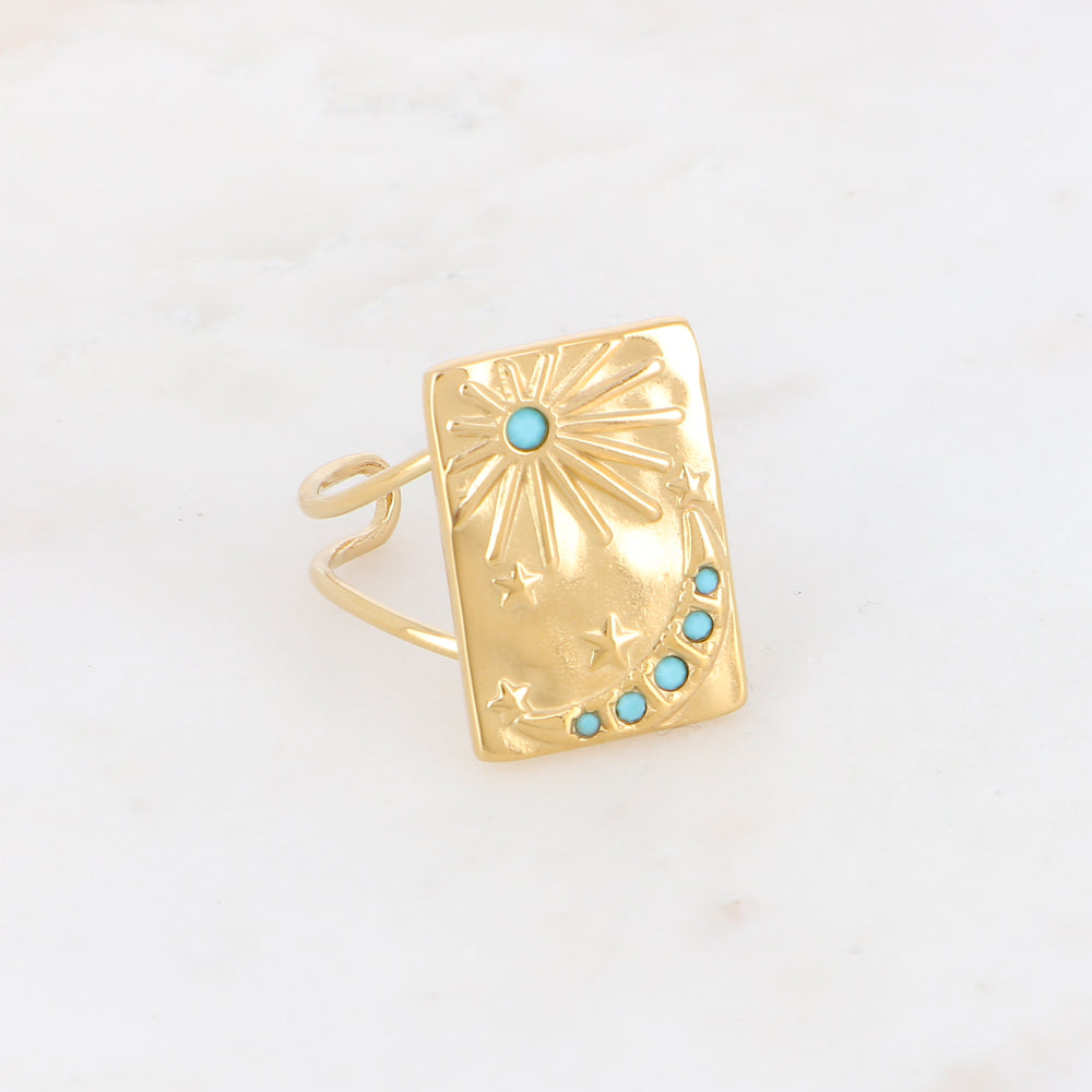 Bague avec soleil, lune, étoile et strass