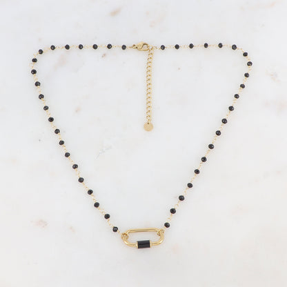 Collier doré avec perles en pâtes de verre noirs et un pendentif en anneau ovale embelli d'un email noir 39,5+5 cm