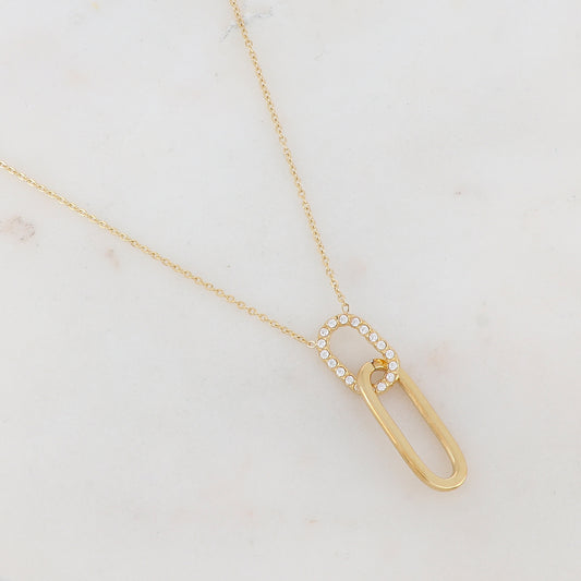 Collier doré avec 2 anneaux rectangulaires ornés de strass blancs 41+5 cm