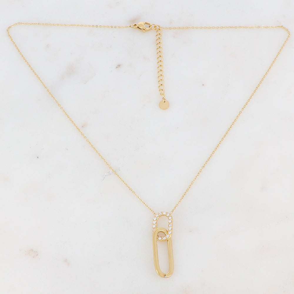 Collier doré avec 2 anneaux rectangulaires ornés de strass blancs 41+5 cm