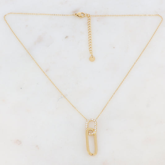 Collier doré avec 2 anneaux rectangulaires ornés de strass blancs 41+5 cm
