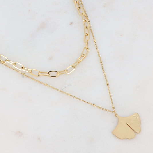 Collier 2 rangs dorées avec une feuille de ginkgo 40/45+5 cm
