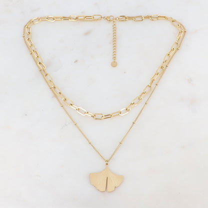Collier 2 rangs dorées avec une feuille de ginkgo 40/45+5 cm