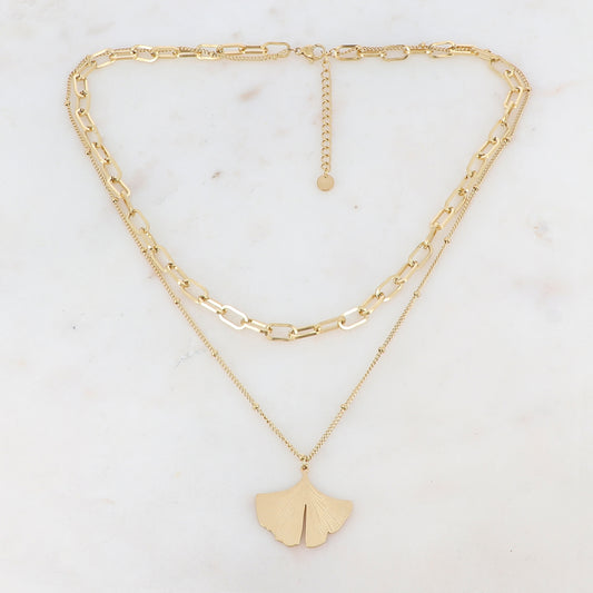Collier 2 rangs dorées avec une feuille de ginkgo 40/45+5 cm