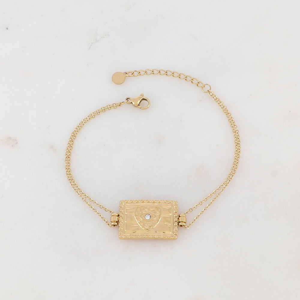 Bracelet deux rangs avec pampille rectangulaire, coeur et strass