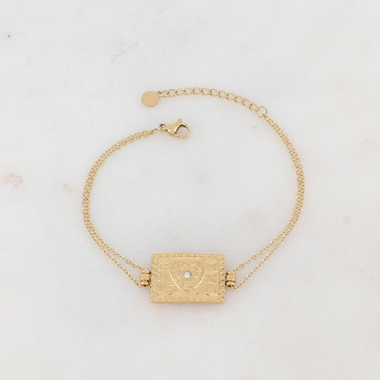 Bracelet deux rangs avec pampille rectangulaire, coeur et strass