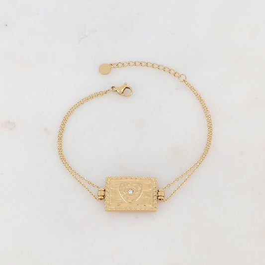 Bracelet deux rangs avec pampille rectangulaire, coeur et strass