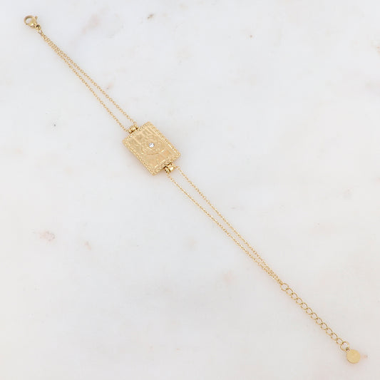 Bracelet deux rangs avec pampille rectangulaire, coeur et strass