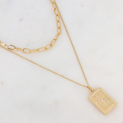 Collier 2 rangs doré avec une pampille rectangulaire ornée d'un coeur et d'un strass blanc 37/44+5 cm