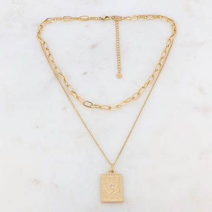 Collier 2 rangs doré avec une pampille rectangulaire ornée d'un coeur et d'un strass blanc 37/44+5 cm