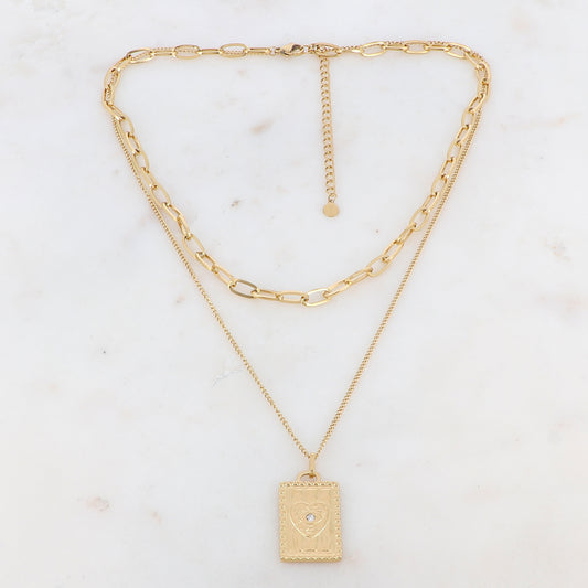 Collier 2 rangs doré avec une pampille rectangulaire ornée d'un coeur et d'un strass blanc 37/44+5 cm