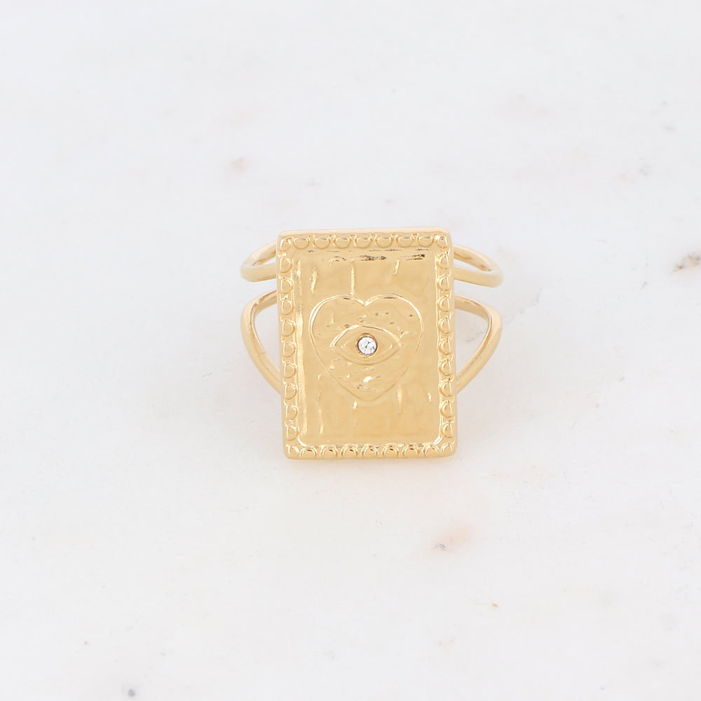Bague avec pièce rectangulaire, coeur et strass