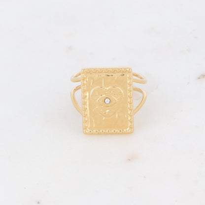 Bague avec pièce rectangulaire, coeur et strass