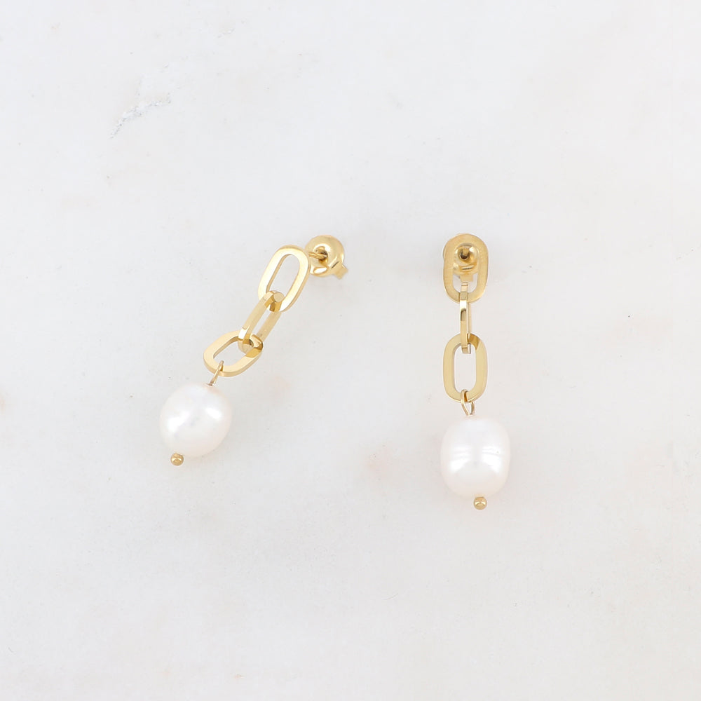 B.O à puce pendantes en maille et perles d'eau douce 1 x 3,7 cm