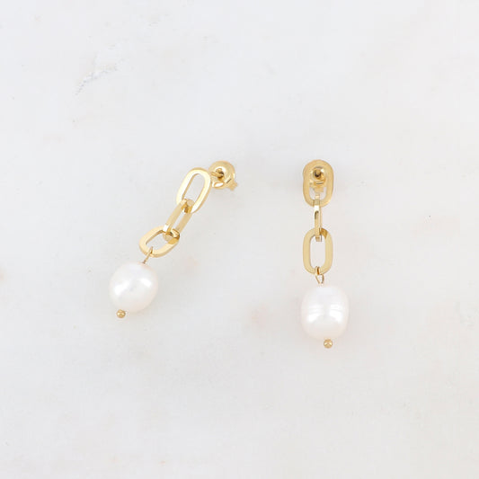 B.O à puce pendantes en maille et perles d'eau douce 1 x 3,7 cm