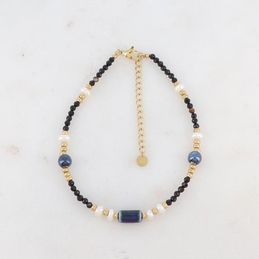 Chaîne de cheville avec pierres naturelles, céramique et perles d'eau douce (22.5+5CM)