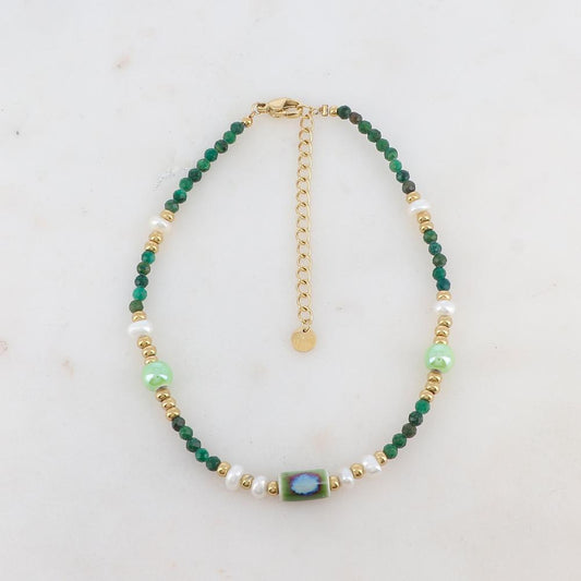 Chaîne de cheville avec pierres naturelles, céramique et perles d'eau douce (22.5+5CM)