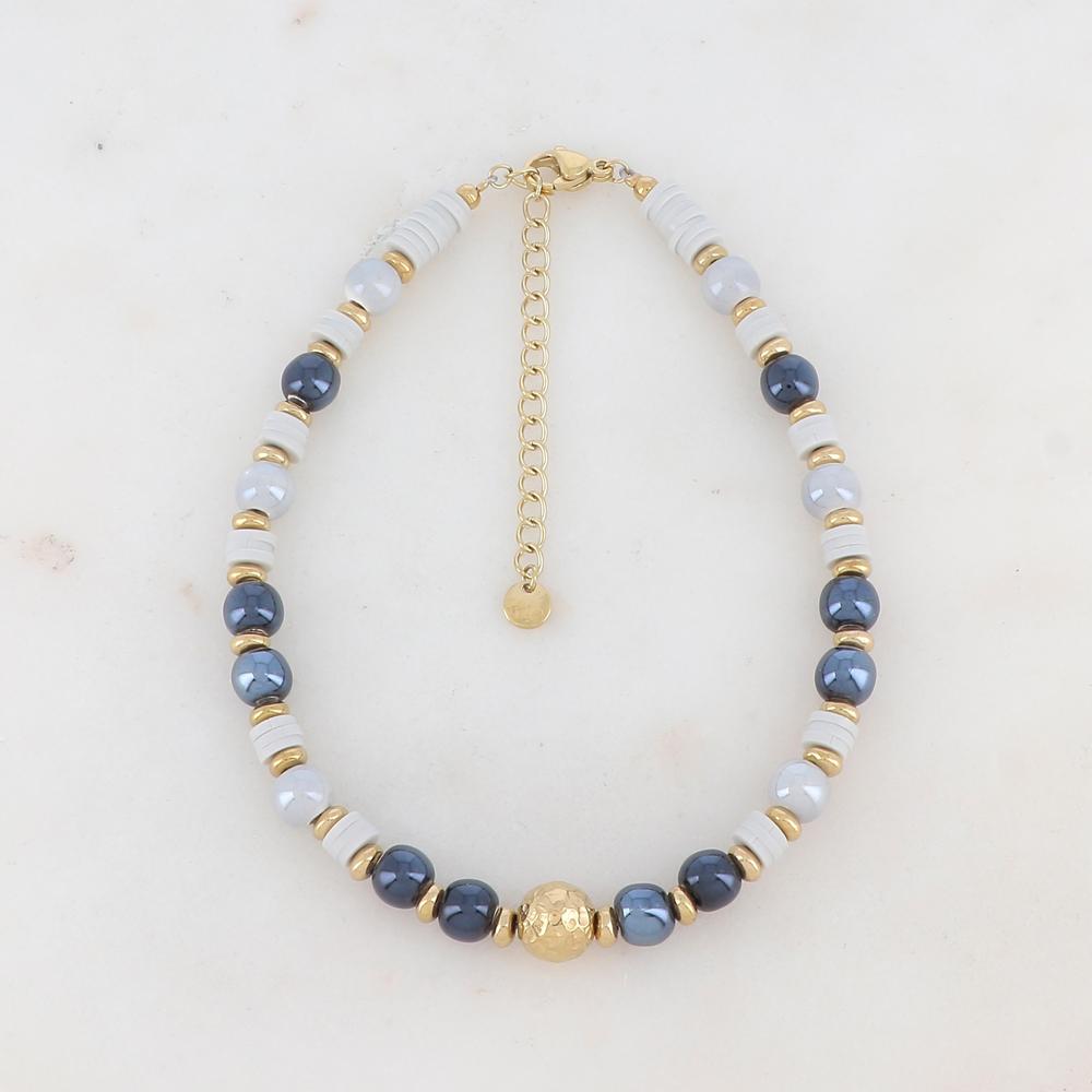 Chaîne de cheville avec perles en céramique, perles heishi et boule dorée (21.5+5CM)