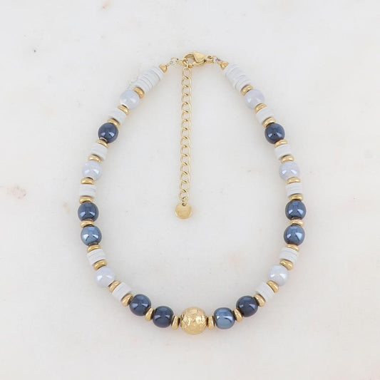 Chaîne de cheville avec perles en céramique, perles heishi et boule dorée (21.5+5CM)