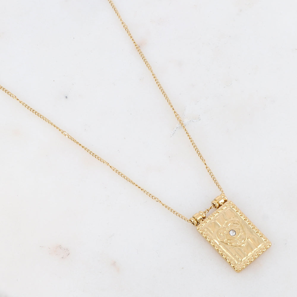 Collier doré avec une pampille rectangulaire ornée d'un cœur et d'un strass blanc 40+5 cm