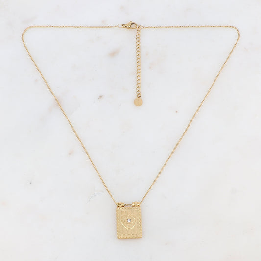 Collier doré avec une pampille rectangulaire ornée d'un cœur et d'un strass blanc 40+5 cm