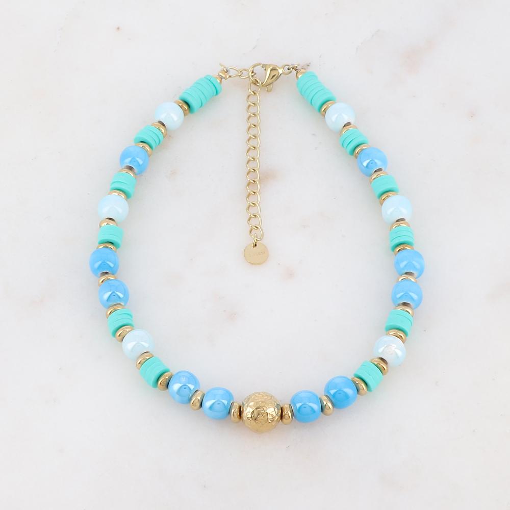 Chaîne de cheville avec perles en céramique, perles heishi et boule dorée (21.5+5CM)