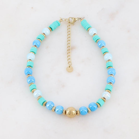 Chaîne de cheville avec perles en céramique, perles heishi et boule dorée (21.5+5CM)