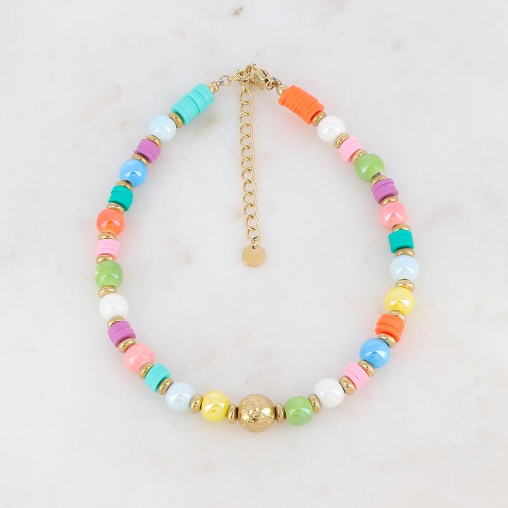 Chaîne de cheville avec perles en céramique, perles heishi et boule dorée (21.5+5CM)