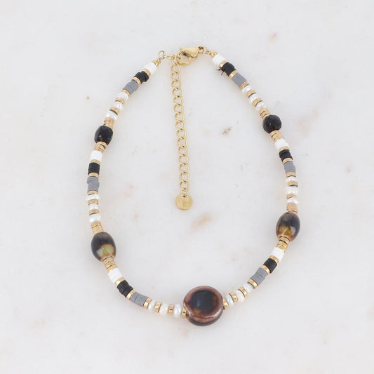 Chaîne de cheville avec pierres naturelles, céramique et perles d'eau douce (22.5+5CM)