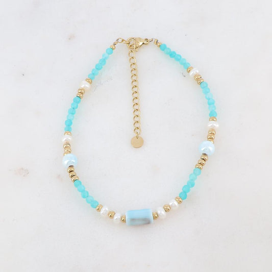 Chaîne de cheville avec pierres naturelles, céramique et perles d'eau douce (22.5+5CM)