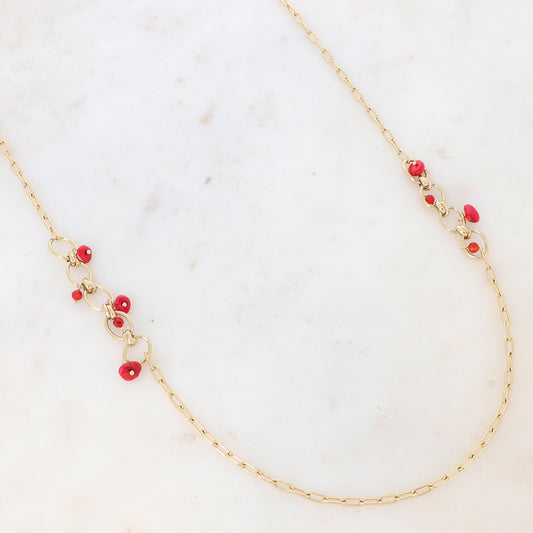 Sautoir doré en maille rectangulaire avec pierres naturelles rouges (88+5CM)