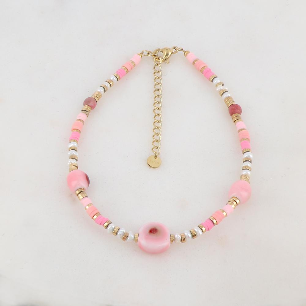 Chaîne de cheville avec pierres naturelles, céramique et perles d'eau douce (22.5+5CM)