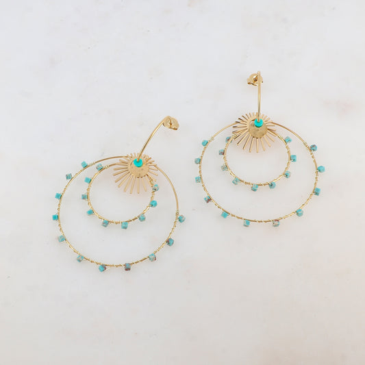 Boucles d'oreilles doubles cercles, soleil et pierre naturelle