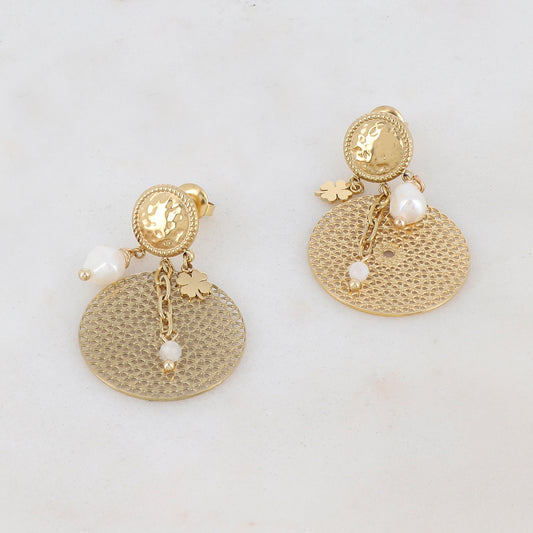 B.O à puce avec 2 pièces rondes, chaîne, trèfle et perles d'eau douce 2,5 x 3,8 cm.