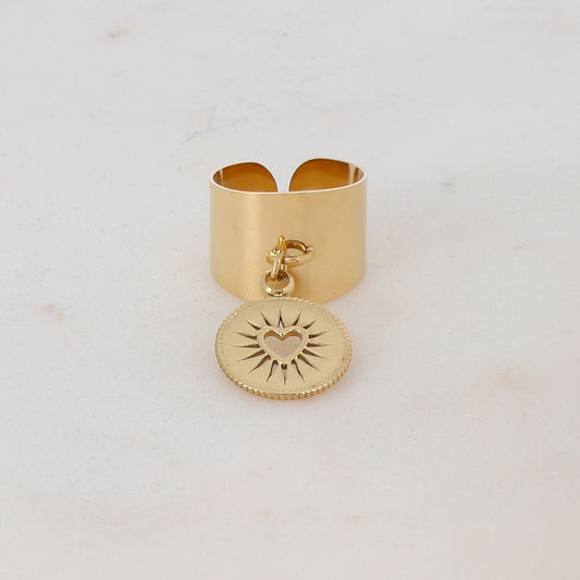 Bague ajustable lisse avec pampilles ronde à motif cœur