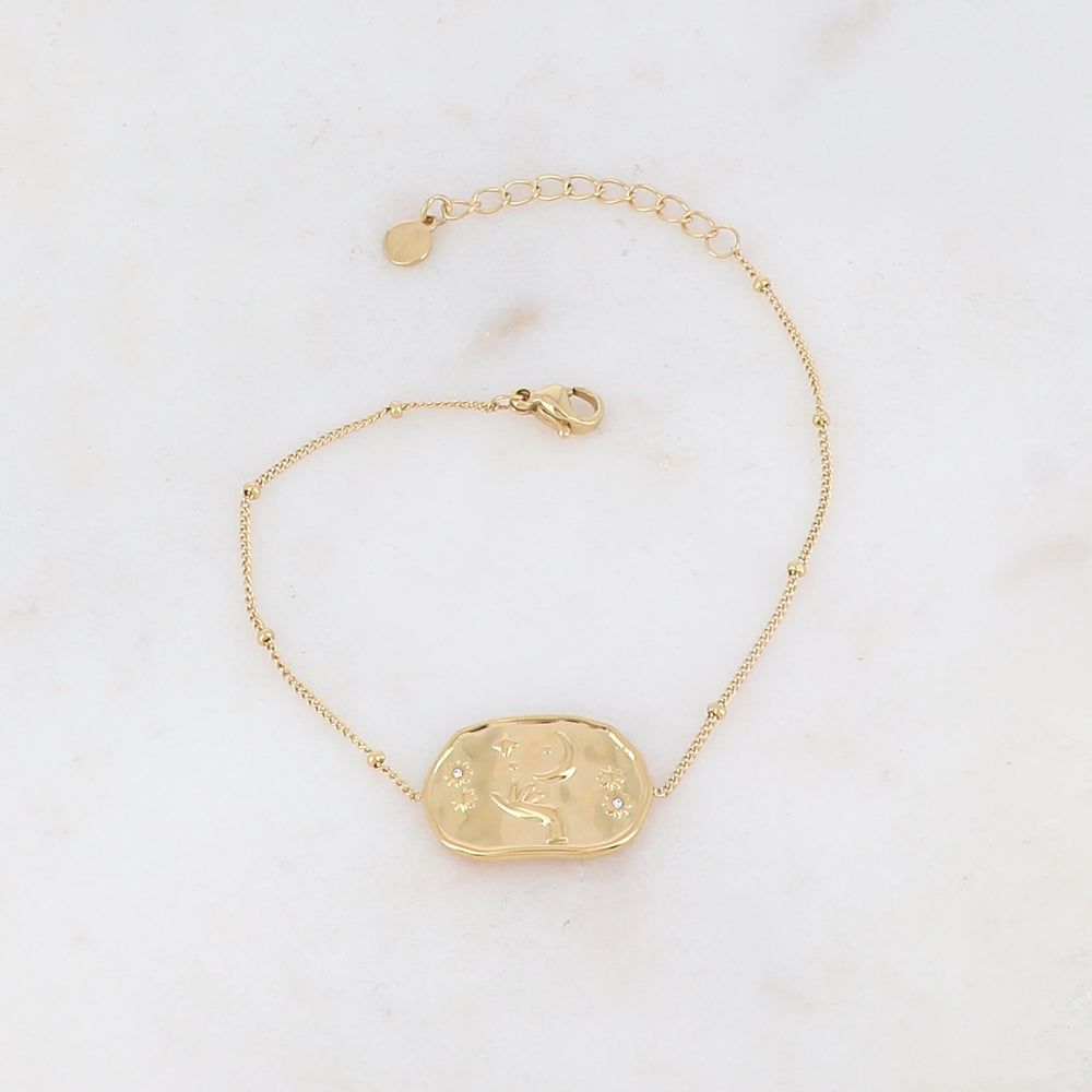 Bracelet avec pièce géométrique, strass, motif soleil, lune, étoile et main