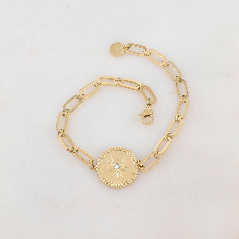 Bracelet en maille avec pièce ronde, étoile et strass