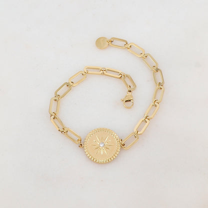 Bracelet en maille avec pièce ronde, étoile et strass