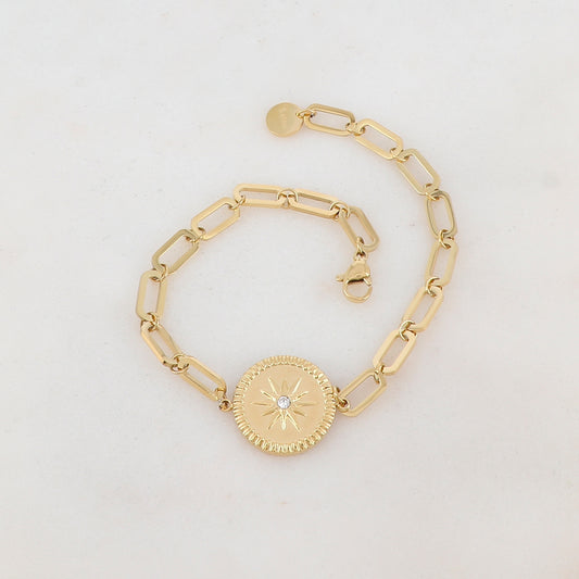 Bracelet en maille avec pièce ronde, étoile et strass
