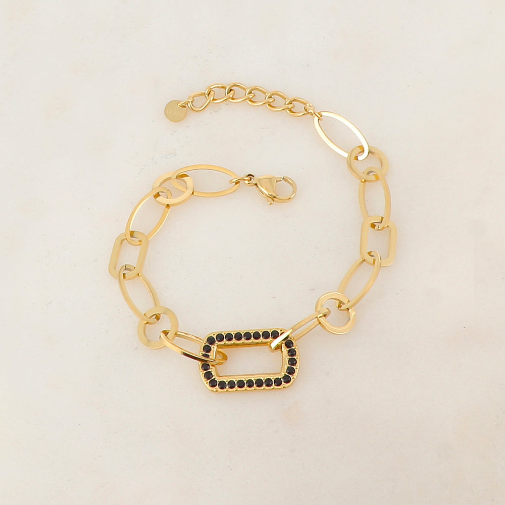 Bracelet maille multi-ovale, multi-rond et multi-rectangle avec pièce rectangulaire et strass