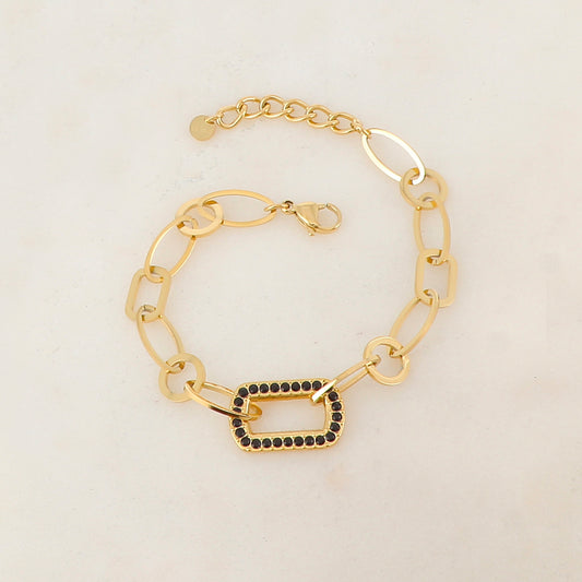 Bracelet maille multi-ovale, multi-rond et multi-rectangle avec pièce rectangulaire et strass