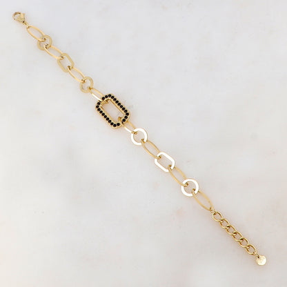 Bracelet maille multi-ovale, multi-rond et multi-rectangle avec pièce rectangulaire et strass