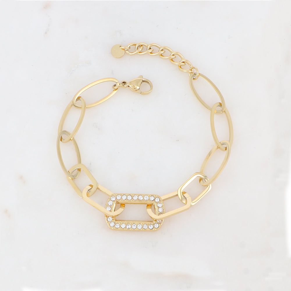 Bracelet maille multi-ovale, multi-rectangle avec pièce rectangulaire et strass