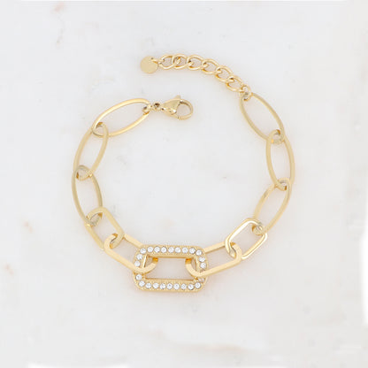 Bracelet maille multi-ovale, multi-rectangle avec pièce rectangulaire et strass