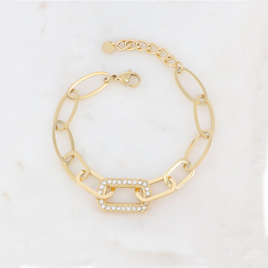 Bracelet maille multi-ovale, multi-rectangle avec pièce rectangulaire et strass