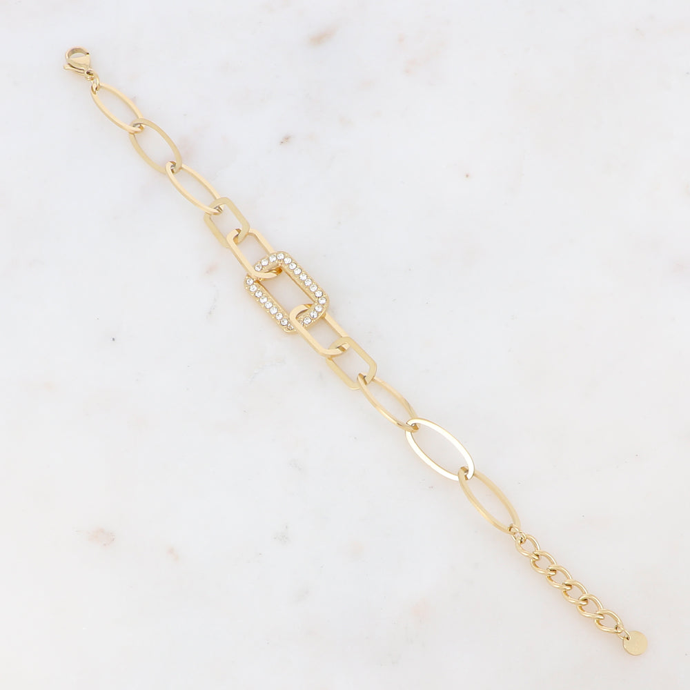 Bracelet maille multi-ovale, multi-rectangle avec pièce rectangulaire et strass