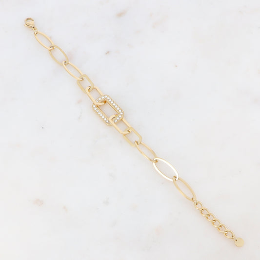 Bracelet maille multi-ovale, multi-rectangle avec pièce rectangulaire et strass