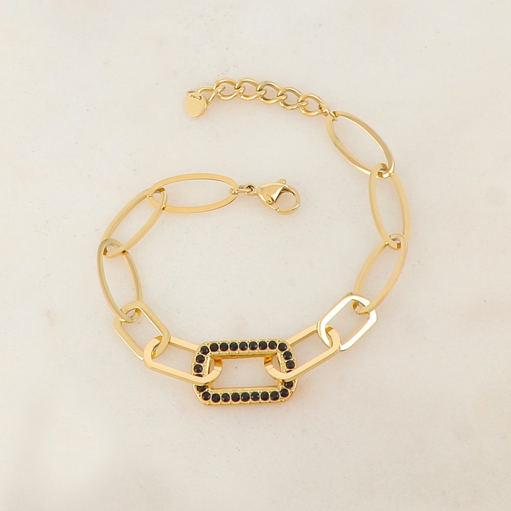 Bracelet maille multi-ovale, multi-rectangle avec pièce rectangulaire et strass