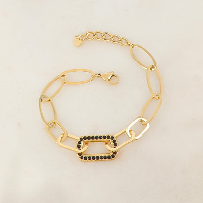 Bracelet maille multi-ovale, multi-rectangle avec pièce rectangulaire et strass